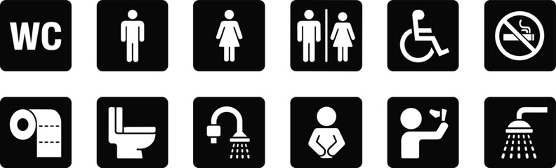 Public restroom bathroom icon set featuring toilet WC accessibility hygiene facilities symbols black white vector illustration modern design