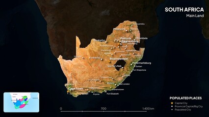 4K South Africa Border Main Land Map, High Resolution Satellite View with Province Lines and Highly Populated Cities, Widescreen 4K Resolution