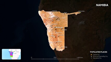 4K Namibia Border Land Map in Africa, High Resolution Satellite View with Province Lines and Highly Populated Cities, Widescreen 4K Resolution
