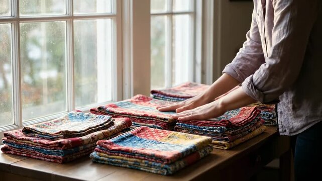 Woman arranges colorful fabric squares on table in bright indoor space. Natural light enters through window, enhancing vibrant colors. Concept of crafting, sewing, fabric art