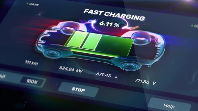 Electric car charging terminal display showing fast-charge progress indicator