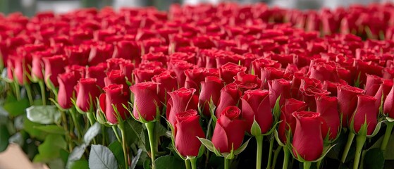 Obraz premium Large arrangement of red roses creates a vibrant background for romantic events like Valentine's Day or anniversaries