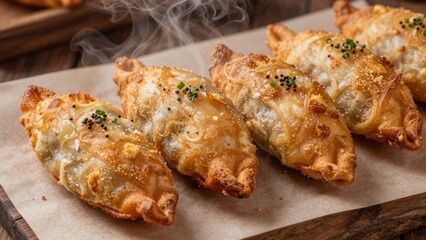 Freshly cooked dumplings served on a wooden board with steam rising in a cozy kitchen setting