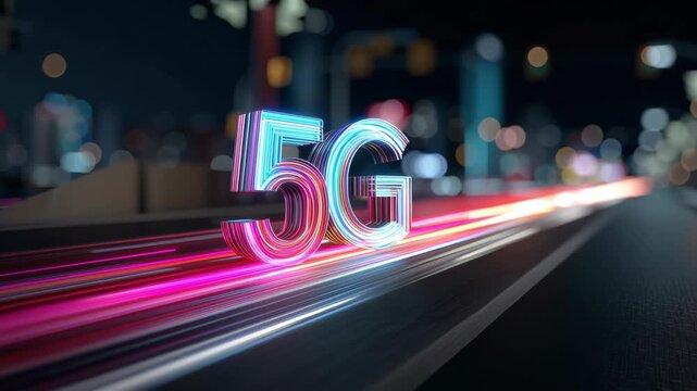 Vibrant 5G logo with glowing trails in an urban setting, symbolizing innovation. Dynamic, fast, and connected future, illuminated by speed and technology.