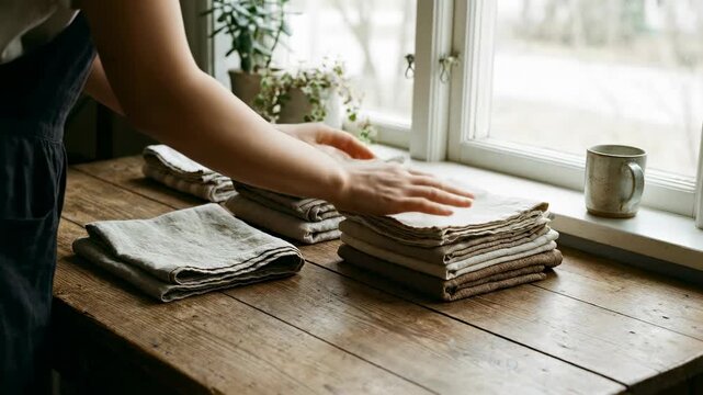Person folds and organizes linen towels on wooden table in cozy kitchen. Natural light fills the room, enhancing the warm, homey environment. Concept of home, cleanliness, hospitality