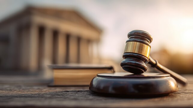 Wooden gavel resting on a block with blurred courthouse in background during golden hour, symbolizing justice, law, and legal proceedings