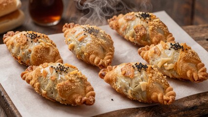 Freshly baked pastries on a wooden table with a warm drink in the background during a cozy afternoon