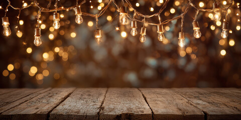Christmas lights hanging over wooden background soft focus bokeh warm festive string light hanging over wooden background with soft focus bokeh