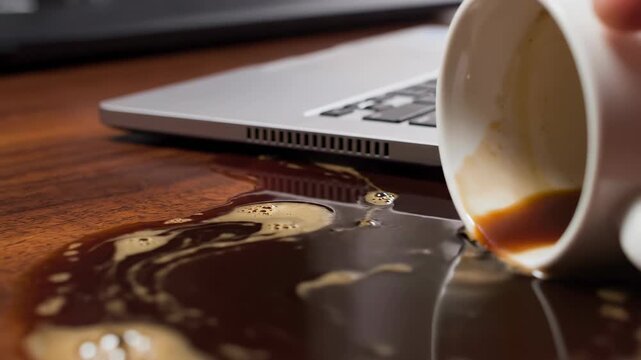 Coffee spills from white mug onto wooden table near laptop. Dark liquid spreads across surface creating a mess. Concept of office work, kitchen accidents, coffee lovers
