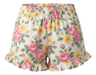 Floral cotton shorts with an elastic waist and ruffled hems for casual outings.