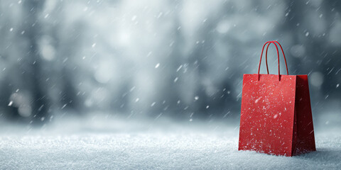 Christmas shopping red bag snow winter background festive magic scene