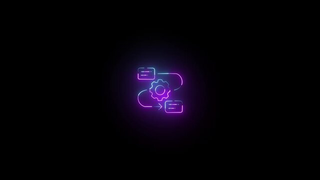 pink and blue Neon glowing sketch of message icon and gear icon retro phone icon with message bubble animation on black background and 4k video animation.