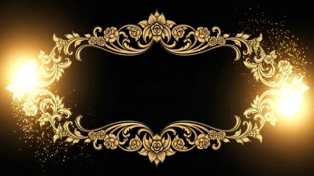 Golden floral decorative frame with sparkling light effects and intricate baroque patterns on dark background Ai HD high quality video.
