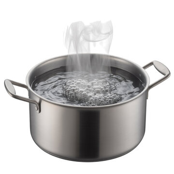 Boiling water in a stainless steel pot with ice melting steam rising kitchen isolated on a transparent background