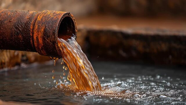 A rusty pipe discharging water. Close-up on the outflow of a pipe in an outdoor environment. The water is brownish and creates waves in the body of water it pours into.