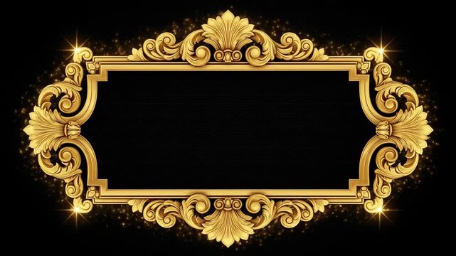 Golden floral decorative frame with sparkling light effects and intricate baroque patterns on dark background Ai HD high quality video.
