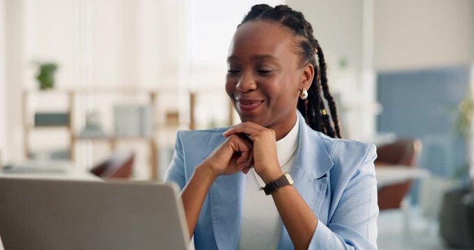 Laptop, thinking and black woman in office with email for positive feedback on creative project. Technology, research and African magazine editor with computer for article publishing in workplace.