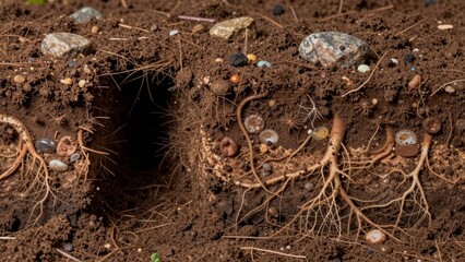 Soil layers show roots and stones in earth during a close look at a natural landscape in day light