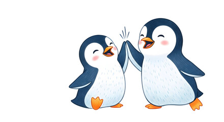 Fototapeta premium Cute cartoon penguins giving a high five. Happy friends celebrating success and teamwork. Adorable animal characters isolated on white background
