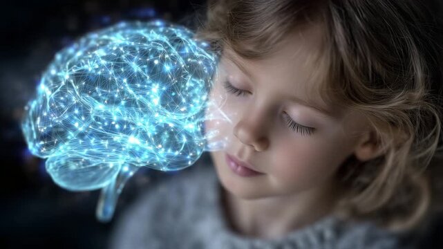 99Dreamy scene of a child imagining new ideas as a radiant holographic brain floats near her head, neural nodes sparkling with color, symbolizing growth, intelligence, and cognitive