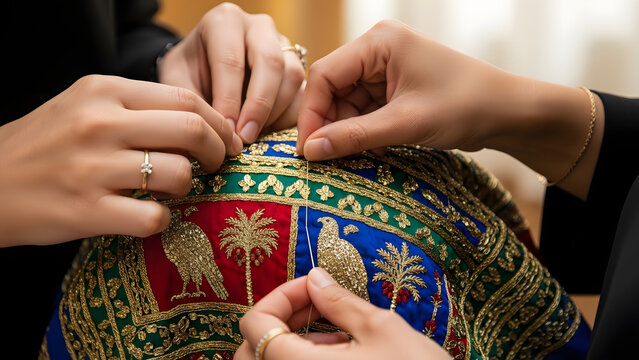 Close-up of artisans' hands doing traditional gold thread embroidery. Women sewing an ornate pattern on a colorful textile. Handmade craftsmanship and cultural heritage concept