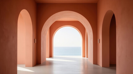 Soft Terracotta Archways Leading to Calm Ocean View - Mindful Minimalist Wellness Journey in Serene Architectural Space