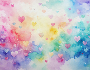 Beautiful watercolor texture background with scattered pastel hearts and colorful splashes