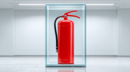 Obraz premium Bright red fire extinguisher stands prominently in a glass display case, highlighting safety in a contemporary indoor environment. Its secure placement ensures easy access in emergencies