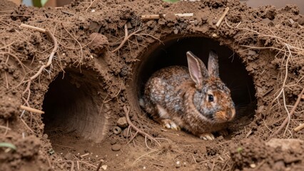 Rabbit sits inside a burrow with soil and roots during daytime in a natural setting