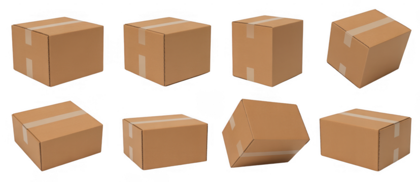 Collection of brown cardboard boxes in various orientations packaging isolated on a transparent background - Powered by Adobe