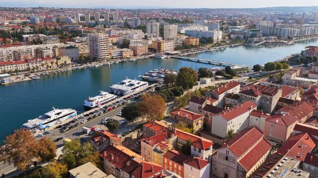Aerial drone view of yachts, boats, and marina facilities in the Fosa harbor area. Zadar, Croatia