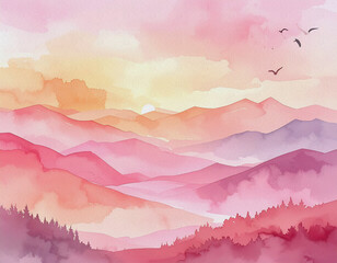 Pastel watercolor landscape painting of rolling mountains and forest during sunset