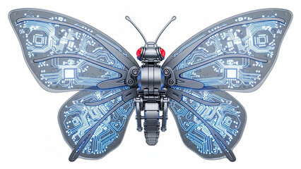 Robotic butterfly with circuit board wings. A cyber insect, blending nature and advanced technology on white