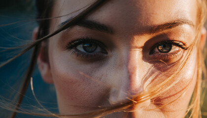 portrait macro d'une femme au regard intense au soleil, beaut&eacute; naturelle