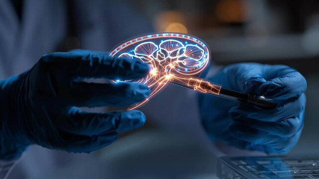 Glowing human kidney held in gloved hands, under examination with a medical instrument. Modern medicine explores the vital organ in a vibrant display.