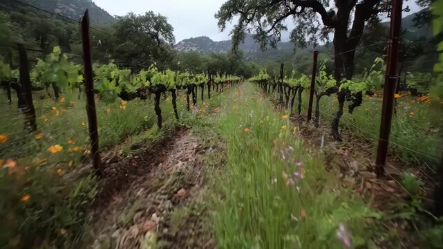 Scenic medium shot of a vineyard featuring intercropped wildflowers and native plants to attract beneficial insects and support vineyard ecosystem services sustainably.