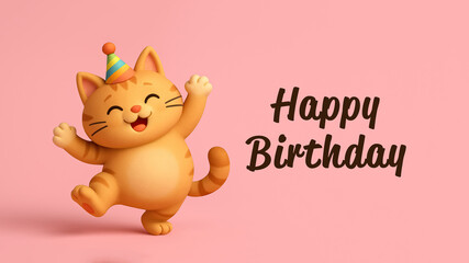 Happy Dancing Birthday Cat Dancing on a Pink Background with the Words Happy Birthday