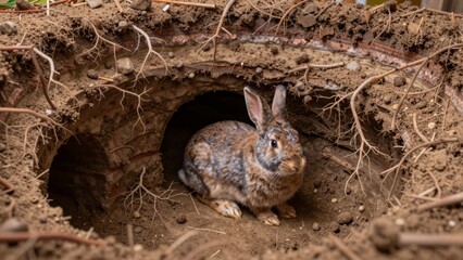 Rabbit sits inside burrow surrounded by dirt and roots in a garden setting during the day