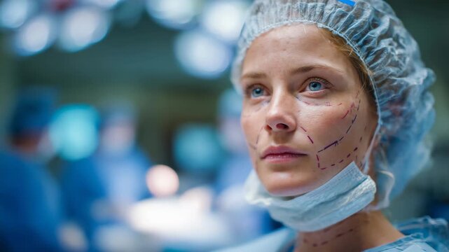 112Side view of woman with surgical markings on face, surgeon in gloves using marker, bright clinical lighting, medical equipment softly blurred in background, preparing for procedure