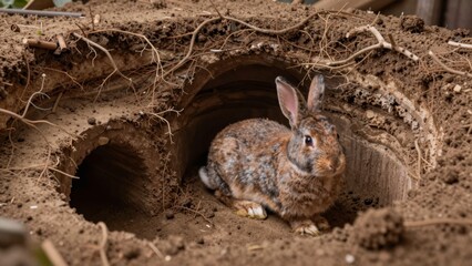 Rabbit sits quietly in underground burrow surrounded by dirt and roots during late afternoon
