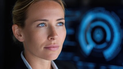Focused Businesswoman with Digital Interface Background, Artificial Intelligence Concept