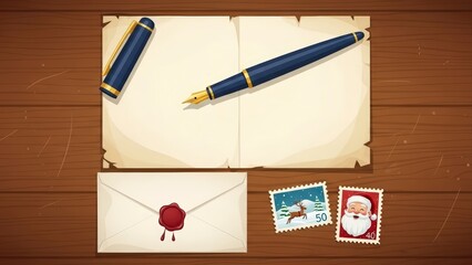 Vintage Letter Writing Set with Fountain Pen, Blank Paper, Envelope, and Christmas Stamps on Wooden Table.