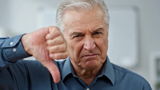 Unhappy senior man showing thumbs down, expressing disapproval