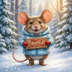 A charming mouse dressed in a cozy blue winter coat, proudly displaying a "Merry Christmas" sign amidst a picturesque snowy forest where delicate snowflakes gently fall