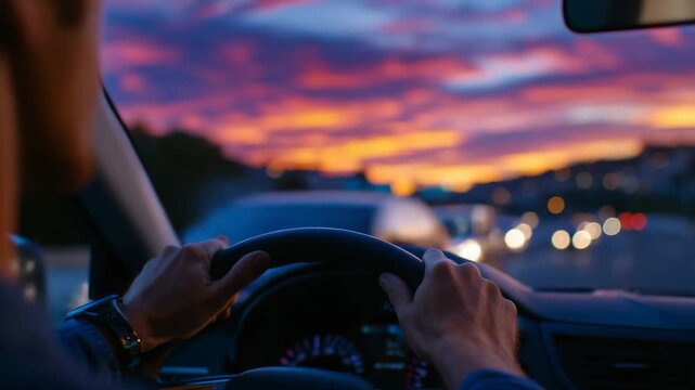 2Cinematic perspective from the driver&rsquo;s seat, highway lanes lit by fiery sunset colors blending with the silhouettes of distant cars, hands confidently guiding the journey