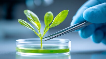 A gloved hand delicately uses tweezers to reposition a young plant in a petri dish filled with vibrant growth media. This careful action is part of important scientific research