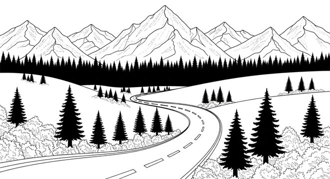 Winding Mountain Road Through Pine Forest Landscape Vector Illustration for Travel and Adventure Design