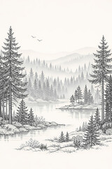 Minimal Forest Landscape Line Art Illustration