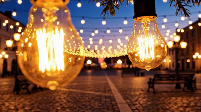 String lights glow above cobblestone square at dusk creating warm atmosphere. Quiet setting features empty benches and historic buildings. Concept of outdoor gatherings, cafes, events