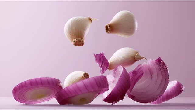 Sliced red onion and garlic cloves falling in slow motion on pink background with copyspace for food delivery app